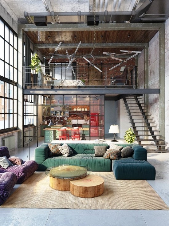 Industrial Style – Tipps und Ideen für die perfekte städtische Einrichtung farbenfrohes wohnzimmer zwei etagen