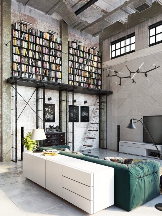Industrial Style – Tipps und Ideen für die perfekte städtische Einrichtung wohnzimmer mit hohem bücherregal deko