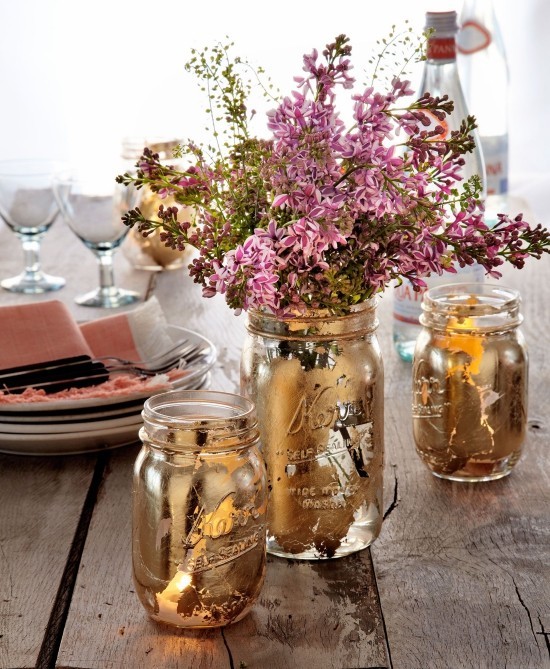 60 frische Bastelideen zum Frühling für Erwachsene vasen mit goldblatt deko einmachgläser