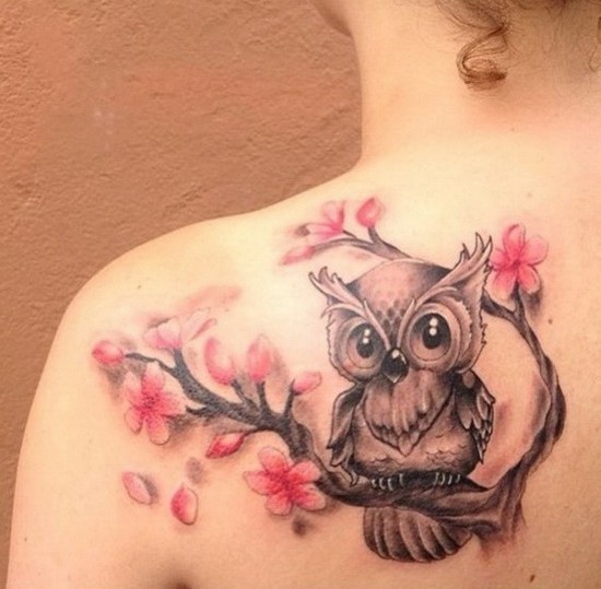 eulen tattoo kirschblüten tattoo schulter tattoo