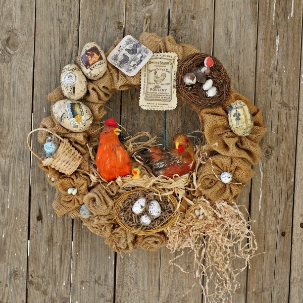 Osterdeko basteln aus Naturmaterialien türkranz vintage eier jute nest