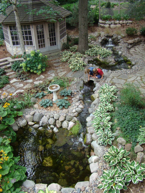 Moderne Gartenteich Ideen und Tipps für Ihren Traumgarten blick von oben auf teich und haus