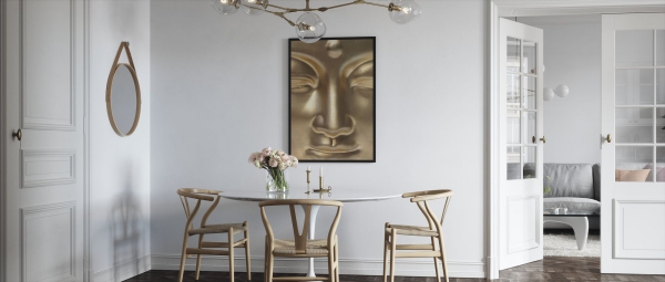 Gerahmte Bilder für Wohnzimmer und andere Räume – Tipps rund um den Kauf buddha perfekt einschreiben gold holz