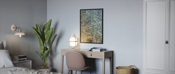 Gerahmte Bilder für Wohnzimmer und andere Räume – Tipps rund um den Kauf stadt karte über arbeitstisch schön