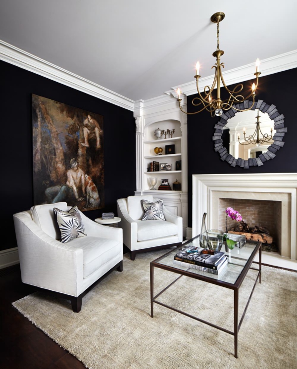 Kunstvolle Wohnzimmerwand Ideen und Tipps für ein modernes Interior modernes stilvolles wohnzimmer schwarze wände abstrakte kunst