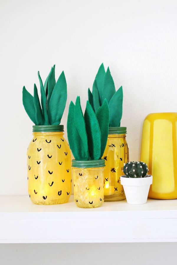 Sommerdeko basteln mit Kindern – 60 frische Ideen zum einfachen Selbermachen ananas einmachgläser teelicher laternen