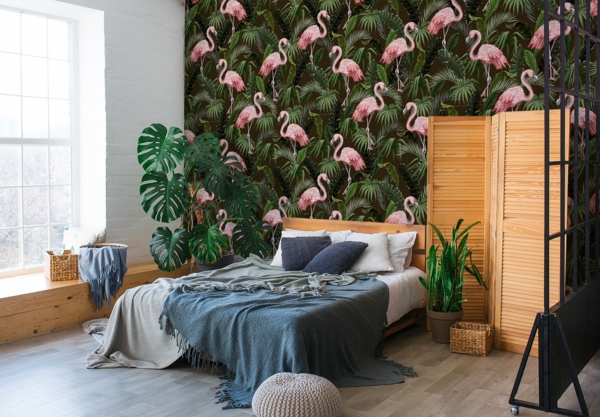 Fototapete fürs Schlafzimmer rosa Flamingos