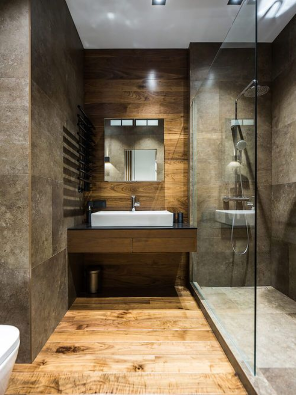 Badezimmer Ideen Holzboden und Holzwand