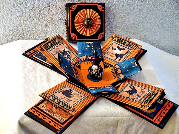 Explosionsbox basteln – Anleitung und Ideen für jeden Anlass halloween karte orange schwarz katzen
