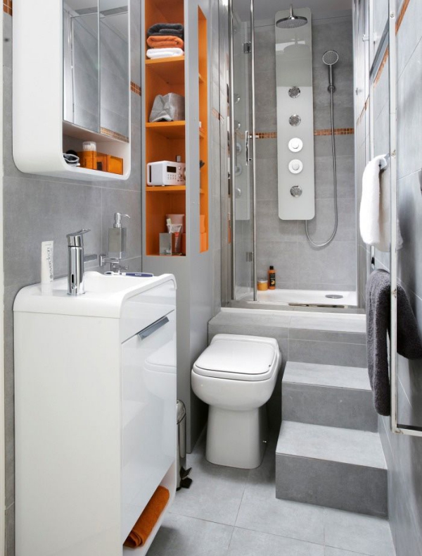 Tiny House Badezimmer Ideen für möglichst viel Stauplatz auf kleinem Raum tiny badezimmer beton akzenten orange