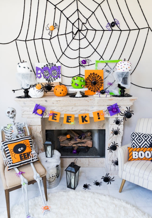 Spinnennetz basteln zu Halloween – 50 Ideen und 2 Anleitungen halloween wanddeko orange schwarz