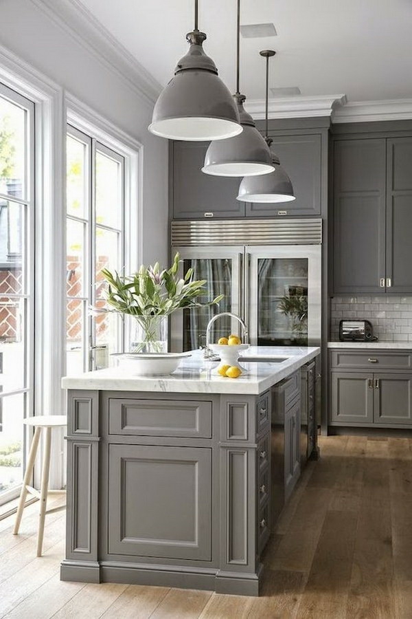 küche streichen farbideen wandfarbe küche kücheneinrichtung grau hängelampen