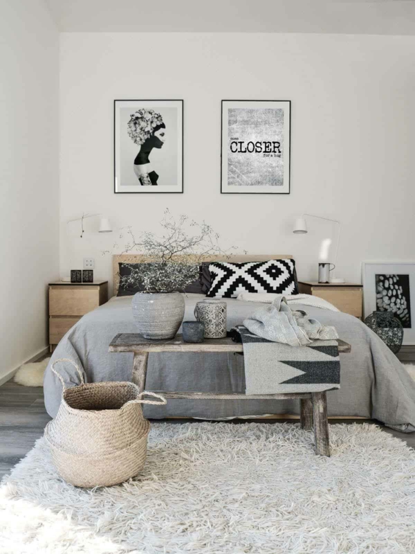 schlafzimmer gemütlich gestalten skandinavisches design wanddeko weißer teppich