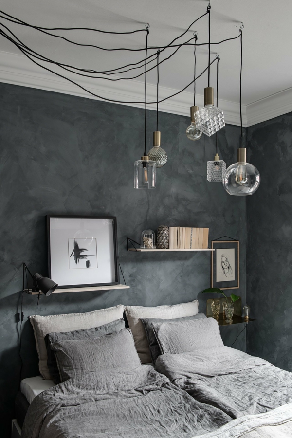 schlafzimmer gemütlich gestalten skandinavisches flair graue wände pendellampen