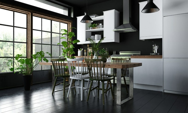 weiße küche welche wandfarbe schwarze wände ausgefallener esstisch pflanzen