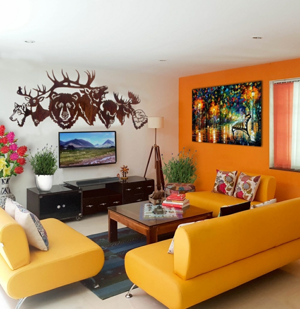 wohnzimmer farben ideen kleines wohnzimmer gelbe sofas orange akzentwand