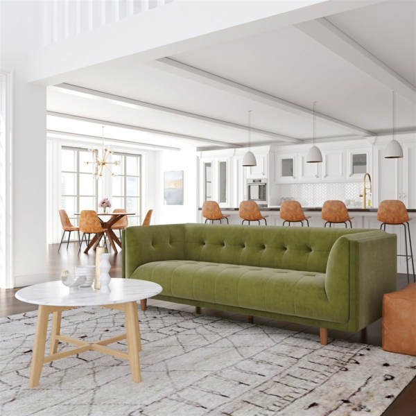 wohnzimmer farben ideen offener wohnbereich schickes grünes sofa runder tisch