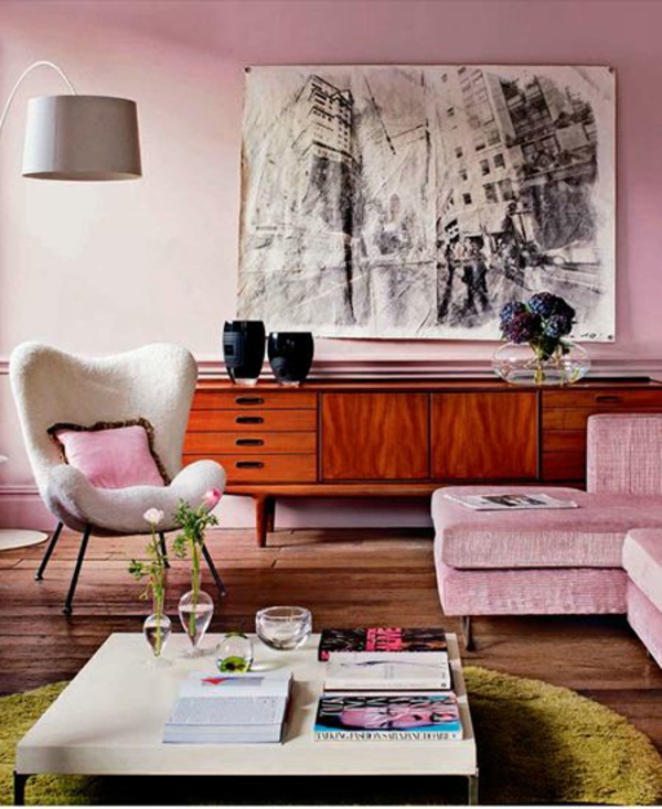 wohnzimmer farben ideen pastelfarben runder grüner teppich rosa sofa farben kombinieren