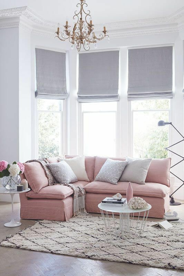 wohnzimmer farben ideen rosa ecksofa raffrollo grau farben kombinieren wohnung