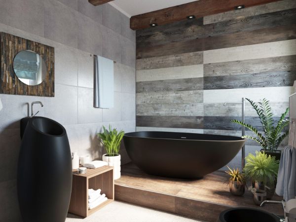 Wandideen aus Holz schwarze Badewanne Badezimmer Ideen