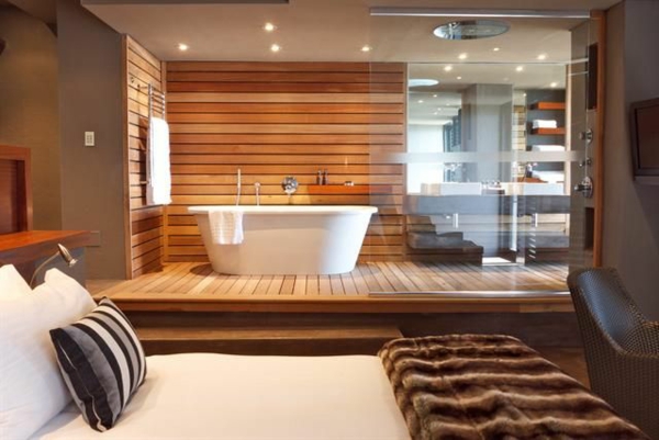 badezimmer design ideen badewanne holzoptik glaswand
