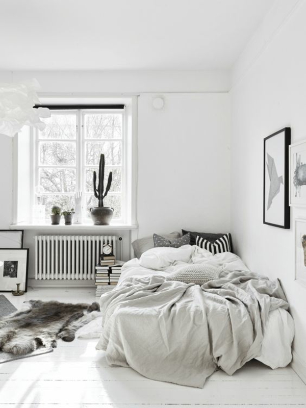 bett ohne kopfteil schlafzimmerdesign weiß grau skandinavische züge