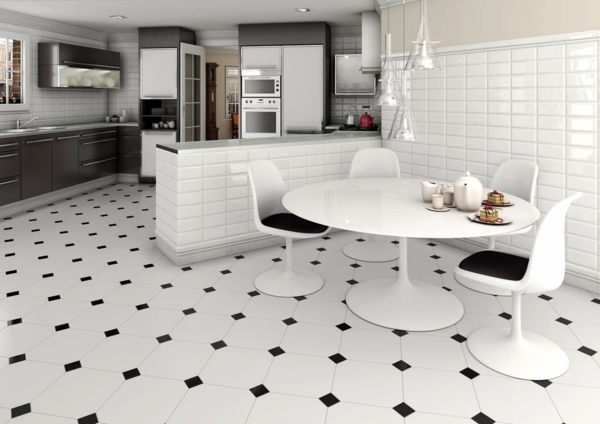 bodenfliesen schwarz weiß moderner essbereich offene küche