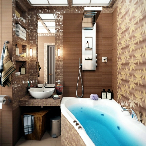 mosaikfliesen badezimmer braunes wanddesign weiße badewanne