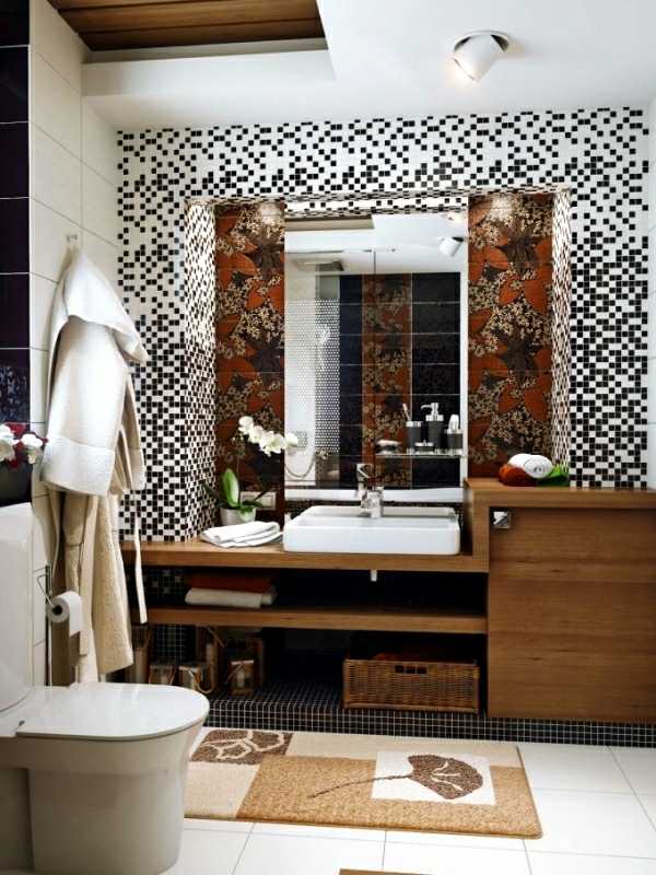 mosaikfliesen badezimmer schwarz weiß braune badmöbel