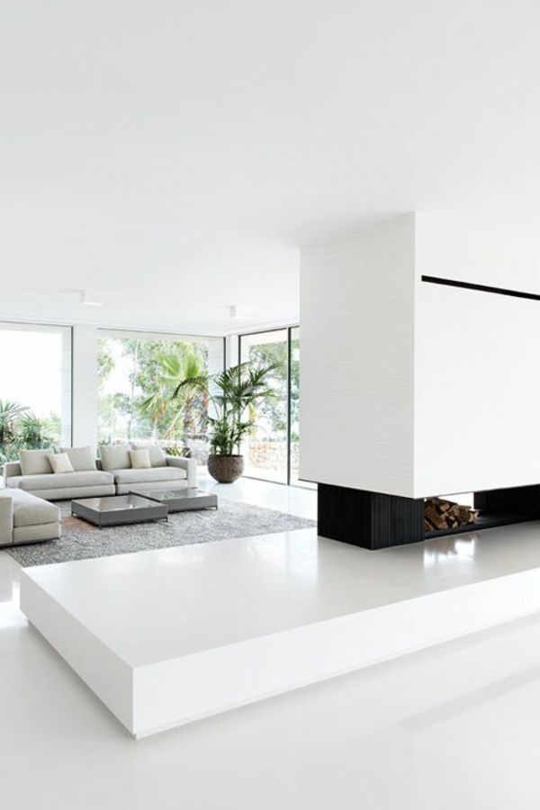 weiße bodenfliesen offenes wohnzimmer minimalistisches design
