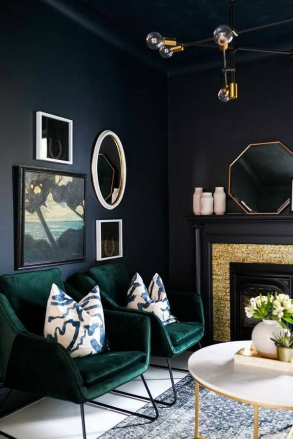 dekoideen wohnzimmer dunkle farben helle akzente schönes wanddesign