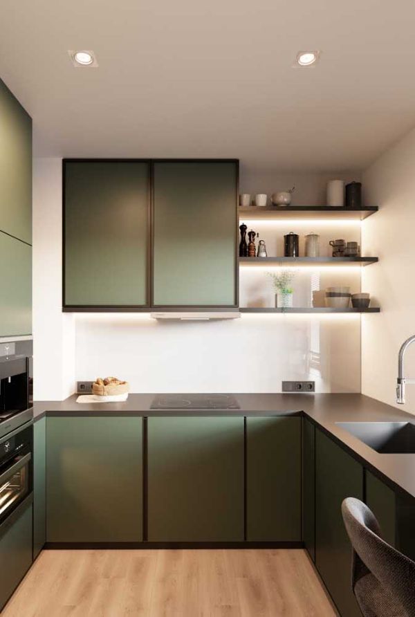 Super moderne grau-grüne Farbe - U-Form Küchenideen