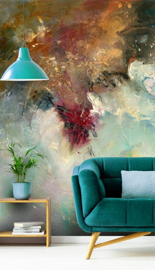 abstrakte tapeten schöne farbmischung moderne wandgestaltung wohnzimmer