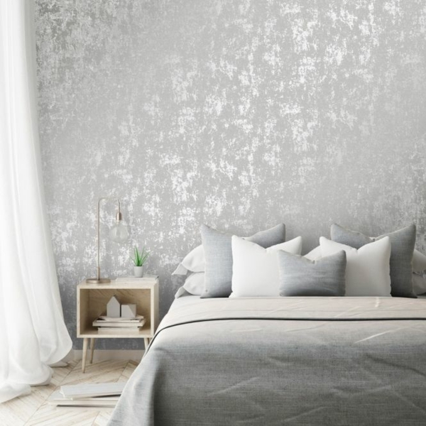 wandtapete schlafzimmer metallik effekt grautöne design