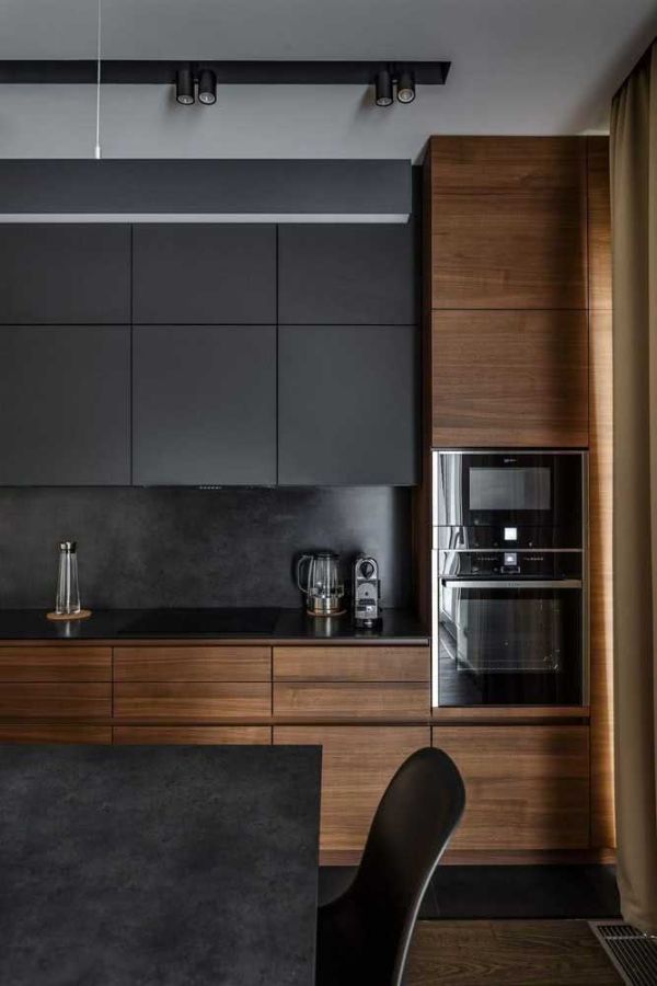 Holzküche - Küche in dunkelbraun und grau