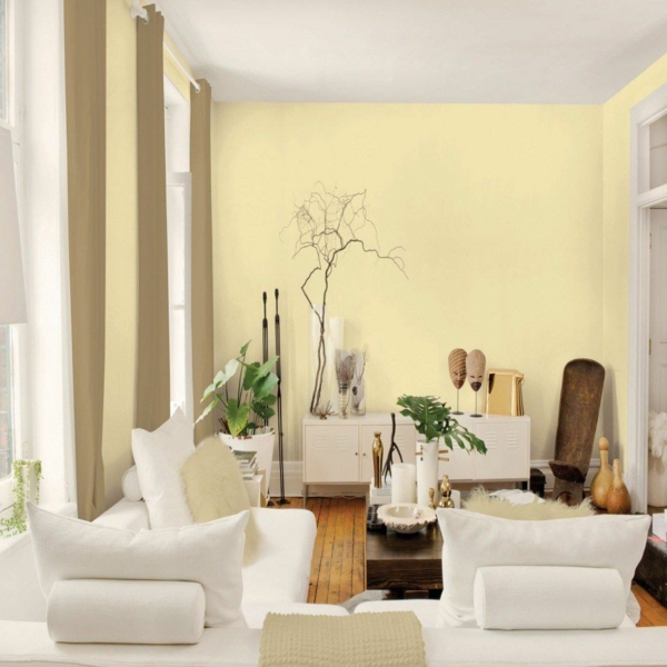wandfarbe pastell kleines wohnzimmer pastellgelb wanddesign