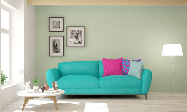 wandfarbe pastell wohnzimmer pastellgrün kräftiges grün wohnzimmersofa