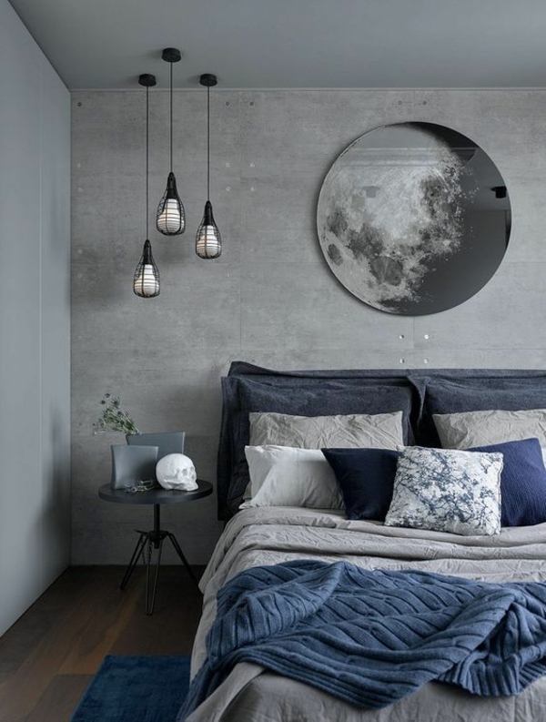 graues schlafzimmer ideen ausgefallener betonlook blaue elemente