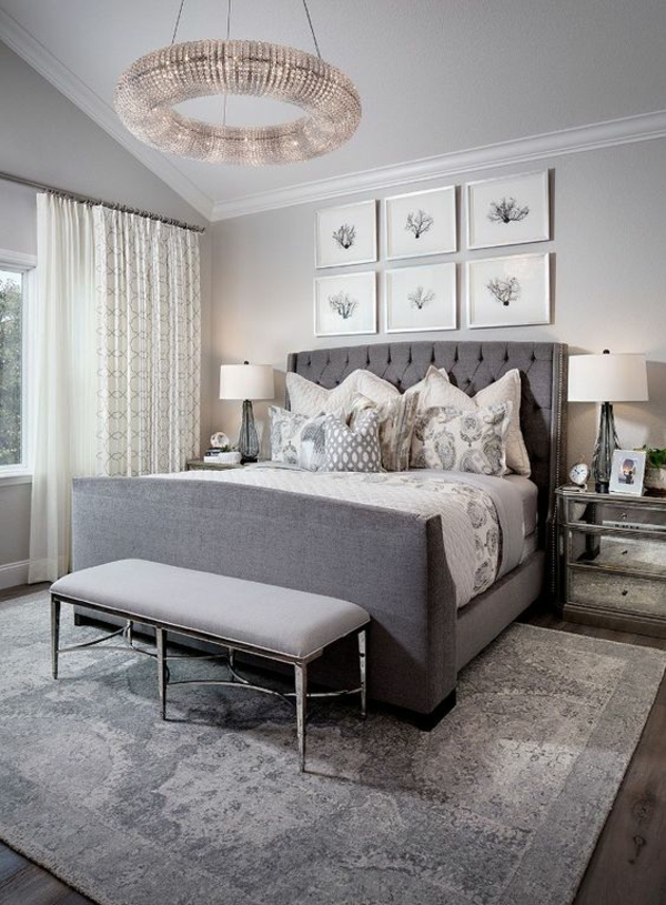 graues schlafzimmer ideen elegante einrichtungsideen teppich kronleuchter