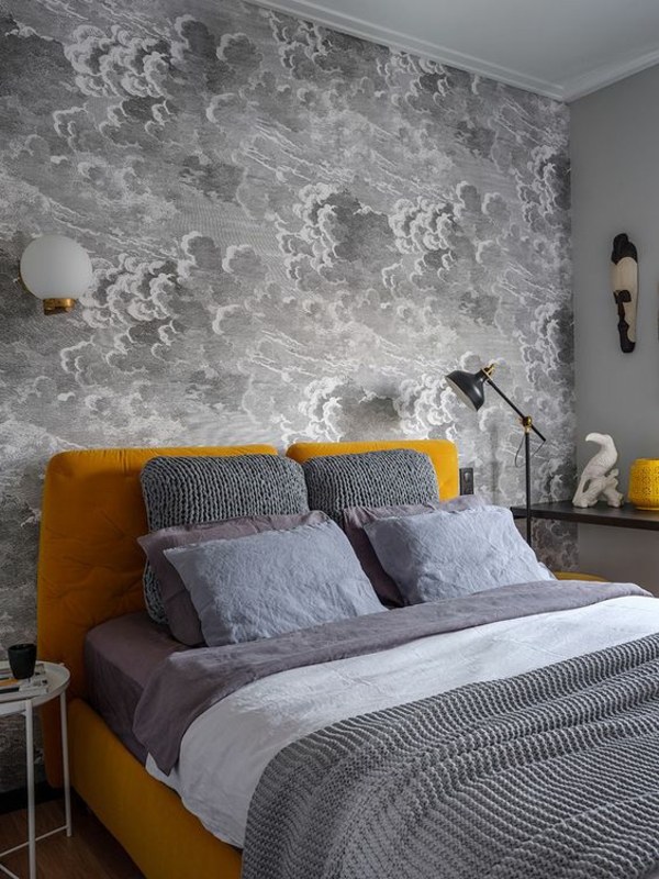 graues schlafzimmer ideen graue wände gelbe elemente schöner farbkontrast