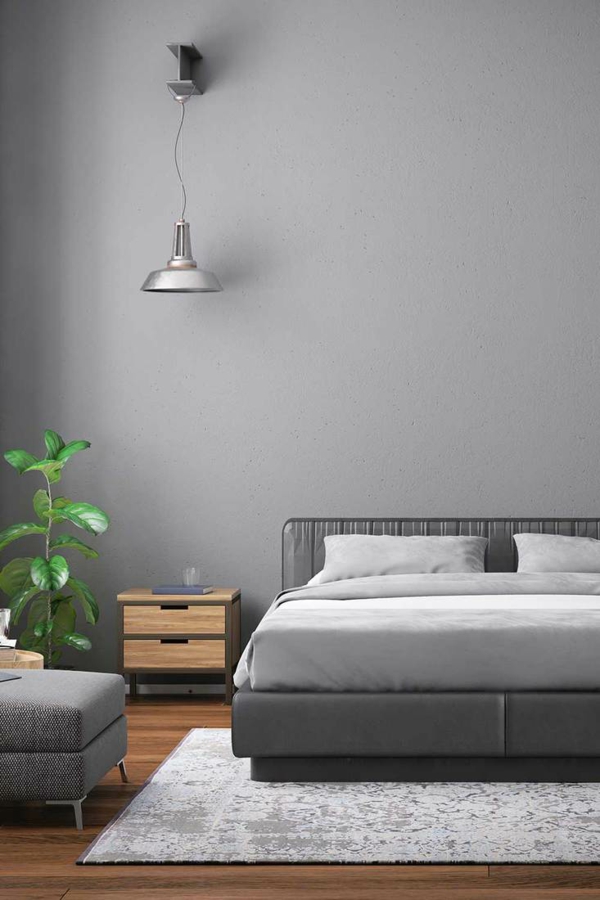 graues schlafzimmer ideen minimalistisch hängelampe pflanze