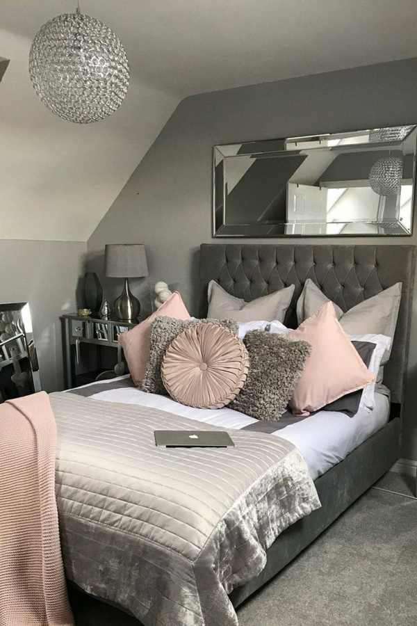 graues schlafzimmer ideen stilvoll gemütlich rosa effekte
