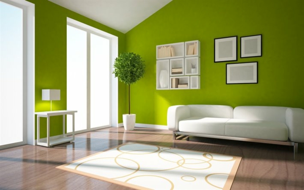 grünes wohnzimmer frische wandfarbe helles sofa dachschräge