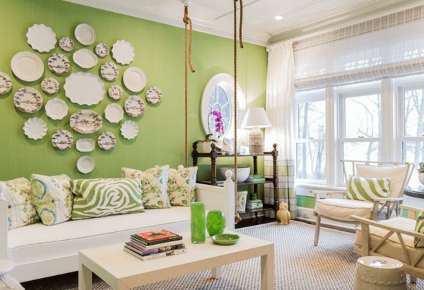 grünes wohnzimmer frisches design schöne wanddeko