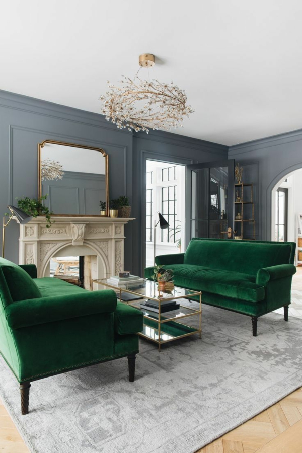 grünes wohnzimmer grüne sofas graue wände