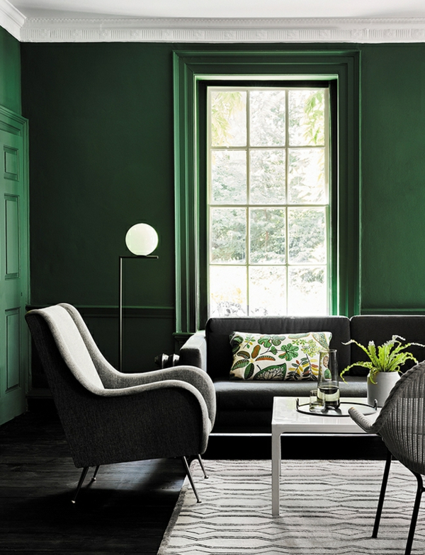 grünes wohnzimmer stilvolle wandfarbe frische akzente