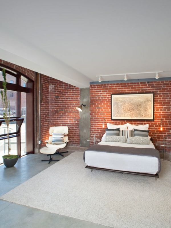 ziegelwand modernes schlafzimmer attraktive wandgestaltung