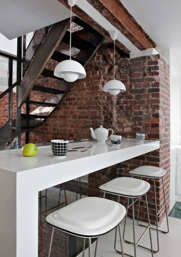 ziegelwand weiße küchenmöbel modernes innendesign