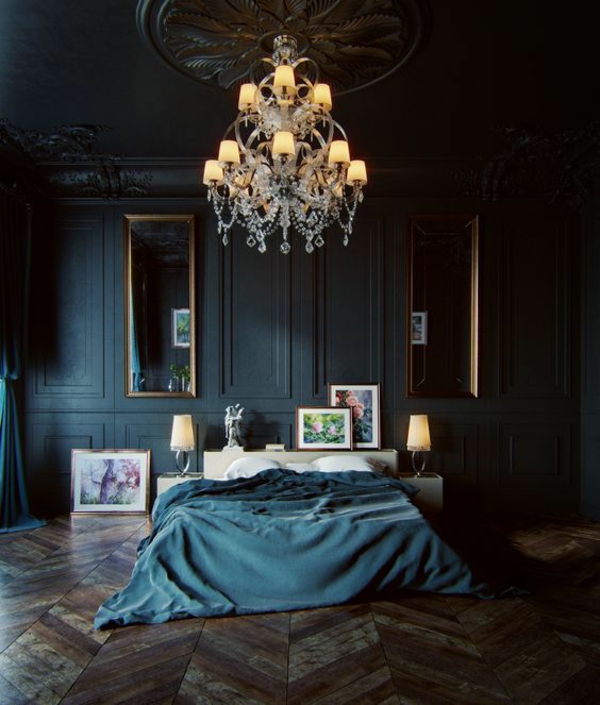 kronleuchter schlafzimmer dunkle wandgestaltung schöner bodenbelag